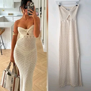 Zara Cream Midi Crochet Summer Dress Bandeau Cotton Size M Medium 10 12 - Picture 1 of 11