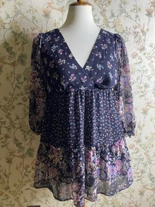 Loft Blue Boho Floral Top Sheer Size 4 Peasant Blouse - Picture 1 of 9