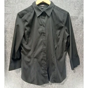 Express Stretch Black Fitted 3/4 Sleeve Button Up Shirt Women's 14 Career Casual - Picture 1 of 5