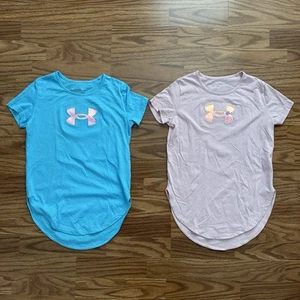 2x Under Armour Girls Youth Medium Short Sleeve Tops Shirts Pink Blue Loose EUC! - Picture 1 of 9