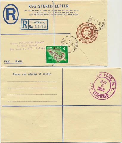 Ghana Registered Letter Postal Stationary 1958 Ghana to New York (LOT 1200 ) Cover