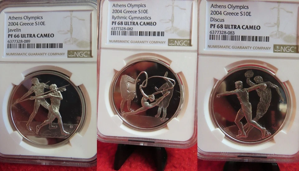 2004 Greece Olympic Javeline, Gymnastics, Discus Silver NGC PR66, PR68 coin set - Image 1 of 1