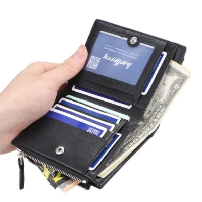 Carteira de couro masculina carteira de identidade porta-cartão de crédito embreagem bolso dobrável zíper bolsa moeda - Imagem 1 de 4