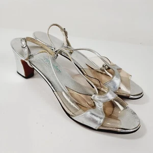 Vintage Amano Silber Metallic Klar Riemchen Blockabsatz Pumps Größe 7,5 - Bild 1 von 10