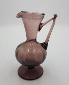 Purple Amethyst Blown Art Glass Pitcher Applied Handle Pinched Spout - Picture 1 of 4