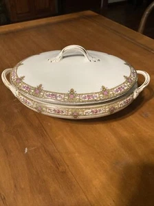 Beautiful Antique Mercer Semi-Vitreous China Gold Trim Floral Cover Serving Dish - Picture 1 of 4