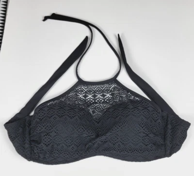 Top de bikini Venus talla D negro encaje cuello alto con aros halter correa atada Foto 1 de 4