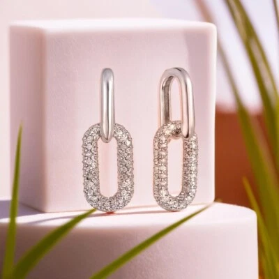Chic Silver Paperclip Earrings, Chain Link & Square Hoop With Cubic Zirconia. - Image 1 of 4