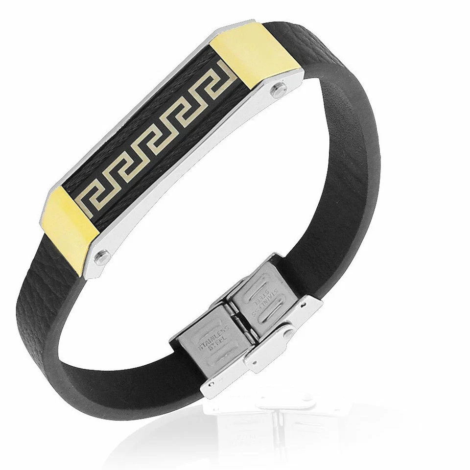 Stainless Steel Black Faux Leather Two-Tone Greek Key Bracelet, 8" - Image 1 of 3