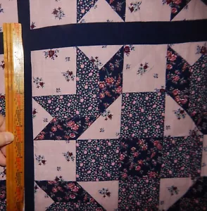 vintage cheater quilt Ozark Calicos navy blue pink floral star BTY star flower - Picture 1 of 6