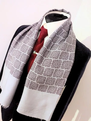 Men's Vintage Geometric Scarf, 60’s All Original Tassel Grey Mod Silk Cravat - Image 1 of 4