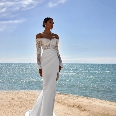 Sexy Mermaid Wedding Dresses Off Shoulder Side Split Lace Appliques Bridal Gowns - Image 1 of 4