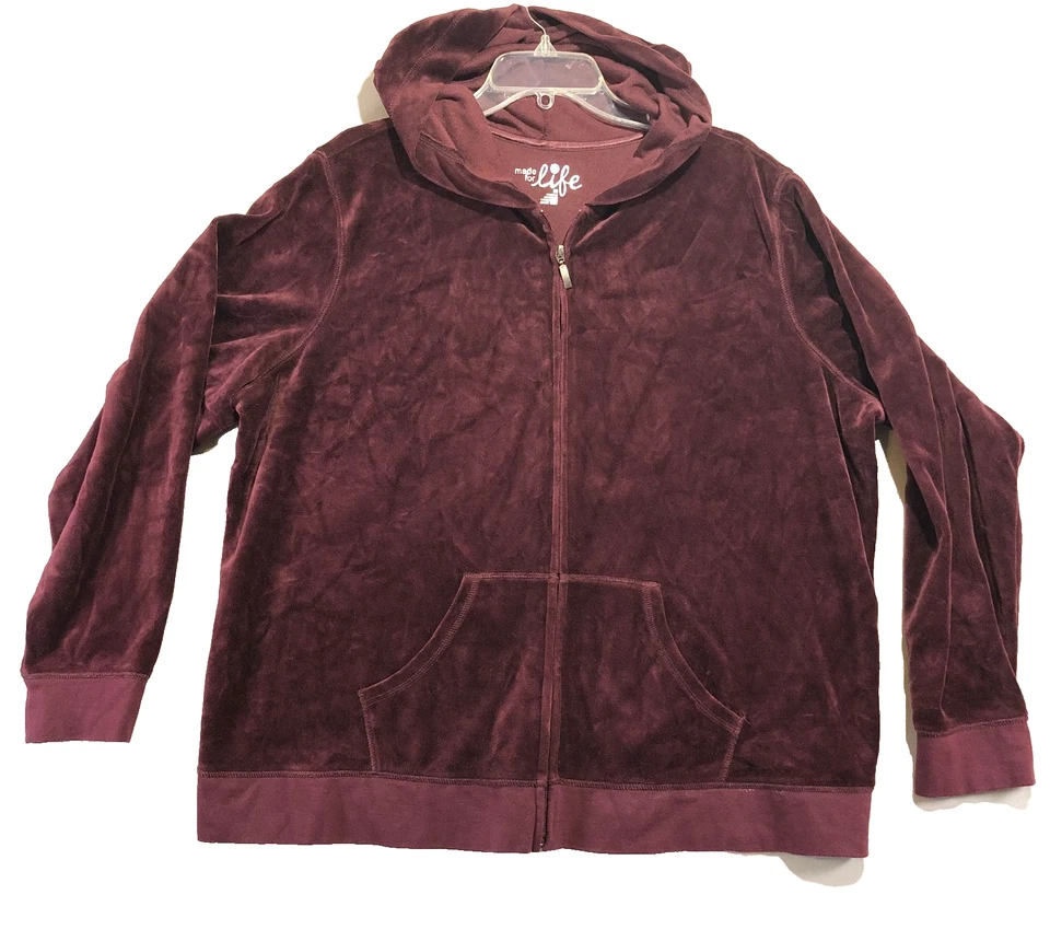 Made For Life Full Zip Velour Hoodie Womens 2X Hooded Jacket Burgundy Wine - Image 1 of 4