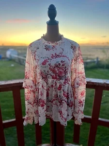 Sundance | Rose Floral Baby Doll Ruffle Romantic Sheer Blouse | Size M - Bild 1 von 7