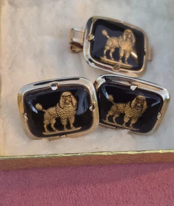 Vintage Intaglio Pudel Manschettenknöpfe & Krawattennadel Set - Bild 1 von 5