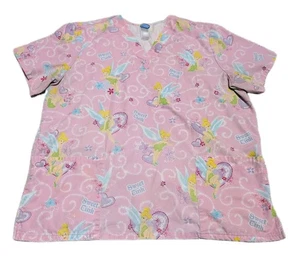 Disney Tinker Bell Womens Scrub Top XL Pink Sweet Tink Short Sleeve Medical  - Picture 1 of 5