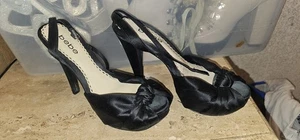 BEBE Black Leather Stilettos Women's Size 7 Platform Shoes Bow Satin - Picture 1 of 6