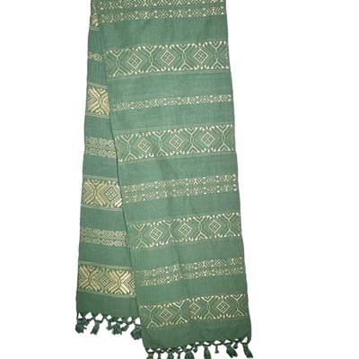 Sage Green & Gold Embroidered Woven Table Runner Fringed 15” X 84” - Image 1 of 3