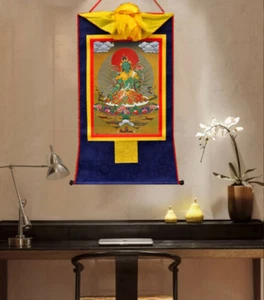 12.9" SILK BROCADED BLESSED GOLDEN WOOD SCROLL TIBETAN THANGKA: = GREEN TARA - Picture 1 of 5