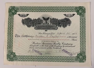 1926 Western American Realty Company Stock Certificate - Picture 1 of 1