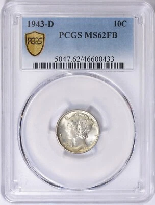 1943  -  DENVER  MERCURY  DIME  -  MS 62  FULL  BANDS - Image 1 of 2