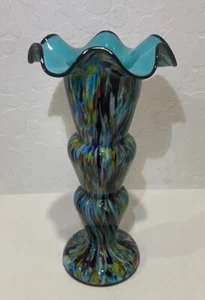 Stunning Czeck Art Deco Bohemian Stepped Splatter Glass Vase w/Ruffle Edge Blue - Picture 1 of 8
