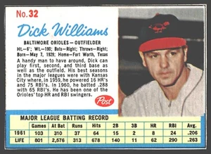 1962 Post Müslikarte #32 Dick Williams Baltimore Orioles KEINE FALTEN! Abstufbar? - Bild 1 von 2