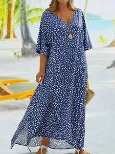 NWT Navy Polka Dot V Neck Pull On Long Maxi Dress With Flowing Hem & Sleeves 1X - Picture 1 of 3