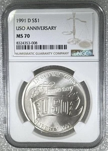 MS70 1991-D USO Commemorative Silver Dollar $1 NGC Brown Label - Picture 1 of 3