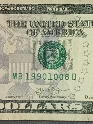 🎉2013 $5 B NEW YORK BEP MB-D BLOCK BIRTHDAY NOTE AUGUST 10 1990 (MB19901008D) - Image 1 of 4