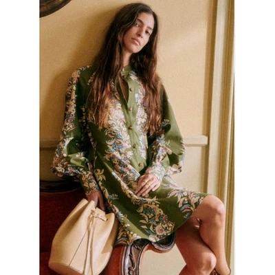 SEZANE Caprice Mini Dress Sz 14 Floral Long Sleeve Button Front Green Linen - Image 1 of 4