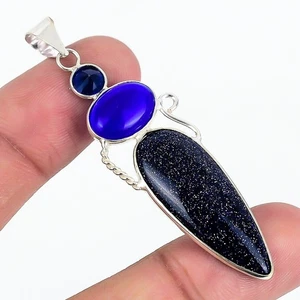 Blue Sun Stone 925 Silver Plated Handmade Pendant of 2.56" - Picture 1 of 3