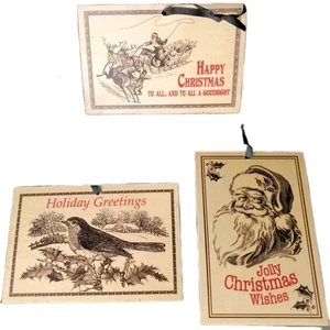 3 Wooden Postcards Santa, Holly Christmas Decor Ornaments Natural Rustic Retro - Picture 1 of 9