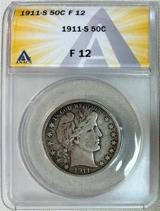 1911-S Barber Half Dollar, ANACS F-12, Better Date! Looks Undergraded - Picture 1 of 2