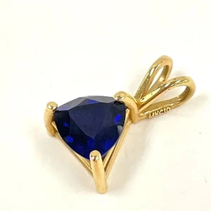 14K Yellow Gold Trilliant Cut Lab Created Blue Sapphire Pendant - 0.94g - Picture 1 of 6