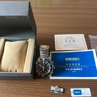 Seiko Solar Diver's V175 Black Blue Stainless Steel Watch Used - Image 1 of 4