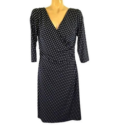 Adrianna Papell Surplice Ruched Faux Wrap Polka Dot Dress Black White Size 14 - Image 1 of 4