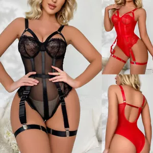 Women Exotic Lace Lingerie Set with Garter Belt 3 Pieces Teddy Sexy Bodysuit - Picture 1 of 17