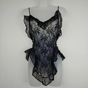 SCHWARZ SPITZE DESSOUS NACHTHEMD Damen L Rüschen transparent sexy Nachthemd dunkel romantisch - Bild 1 von 6