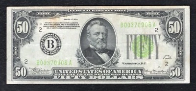 FR. 2102-B 1934 $50 LGS LIGHT GREEN SEAL FRN NEW YORK, NY EXTREMELY FINE - Image 1 of 2