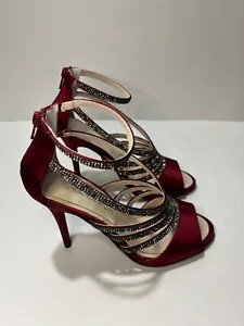 Caparros Judith Garnet Satin Deep Red Rhinestone Open Toe Strappy Heels US 8M - Picture 1 of 24