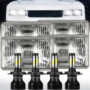 4X6 Classic Glass Lens / Metal Headlight 6000k & H4 LED Light Bulbs Headlamp Set - Picture 1 of 19