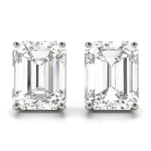 D/VVS Lab Grown Emerald Cut Diamond 4 Prong Set Stud Earring in Gold & Platinum - Picture 1 of 60