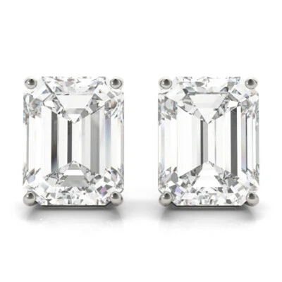 D/VVS Lab Grown Emerald Cut Diamond 4 Prong Set Stud Earring in Gold & Platinum - Image 1 of 4
