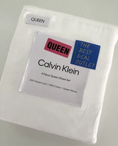 Calvin Klein Queen Sheet Set 4 PCS 100% Cotton Deep Fit White Solid 300 Threads - Picture 1 of 4