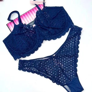 🔥Victoria's Secret Navy Lace Bra Set Sz 38DDD// a large New - Picture 1 of 8