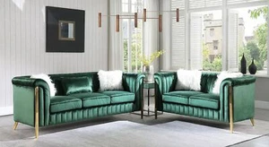 Fara Modern 2pc Sofa And love seat Living room set In Emerald Green Velvet - Picture 1 of 4