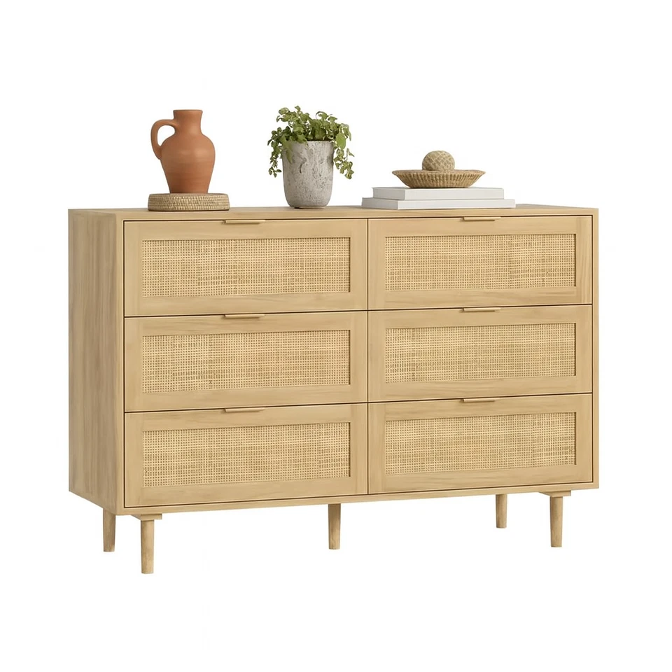 Cómoda de madera natural y ratán con 6 cajones - Cómoda de almacenamiento moderna de mediados de siglo Foto 1 de 4