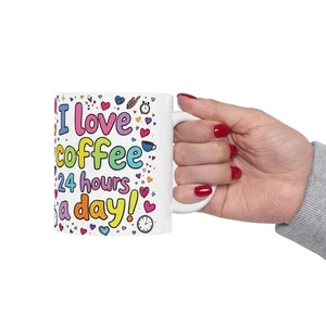 Colorful Coffee Lover's Ceramic Mug - 11oz. I Love Coffee 24 Hours a day! - Picture 1 of 5