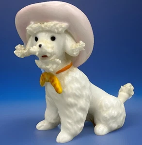 Vtg White Spaghetti Poodle 2.5”Figurine Pink Cowboy Hat Ceramic Dog MCM Kitschy - Picture 1 of 8